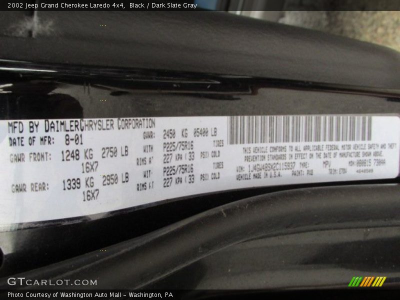 Black / Dark Slate Gray 2002 Jeep Grand Cherokee Laredo 4x4