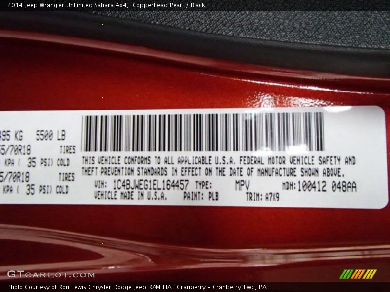2014 Wrangler Unlimited Sahara 4x4 Copperhead Pearl Color Code PLB