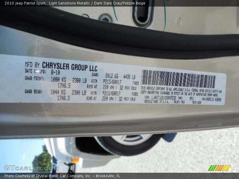 Light Sandstone Metallic / Dark Slate Gray/Pebble Beige 2010 Jeep Patriot Sport