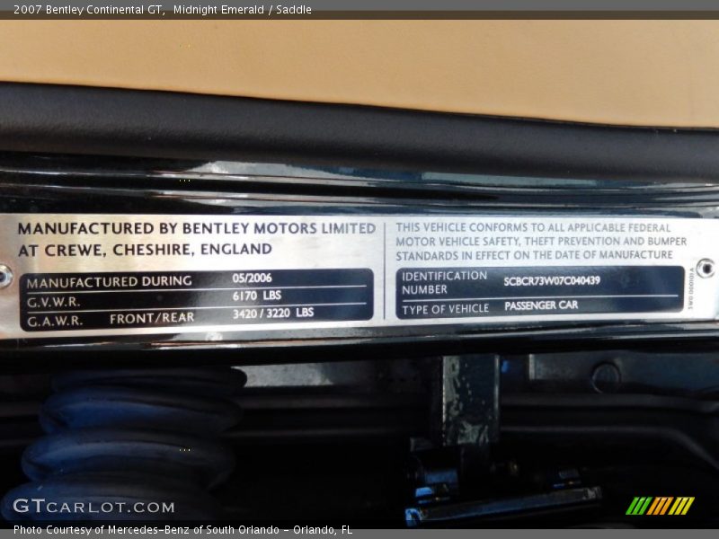 Info Tag of 2007 Continental GT 