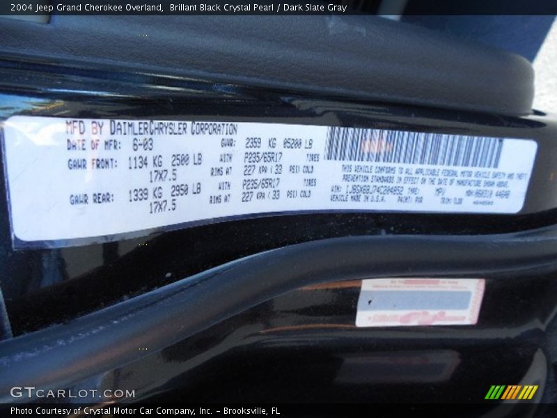 Brillant Black Crystal Pearl / Dark Slate Gray 2004 Jeep Grand Cherokee Overland