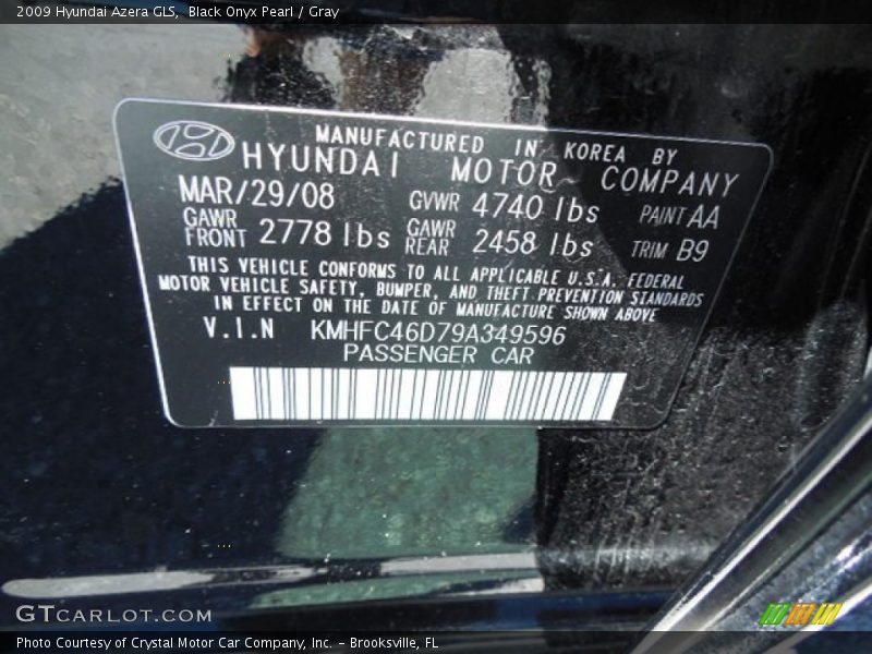 Black Onyx Pearl / Gray 2009 Hyundai Azera GLS