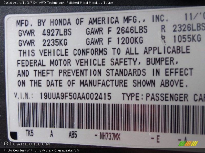 Polished Metal Metallic / Taupe 2010 Acura TL 3.7 SH-AWD Technology