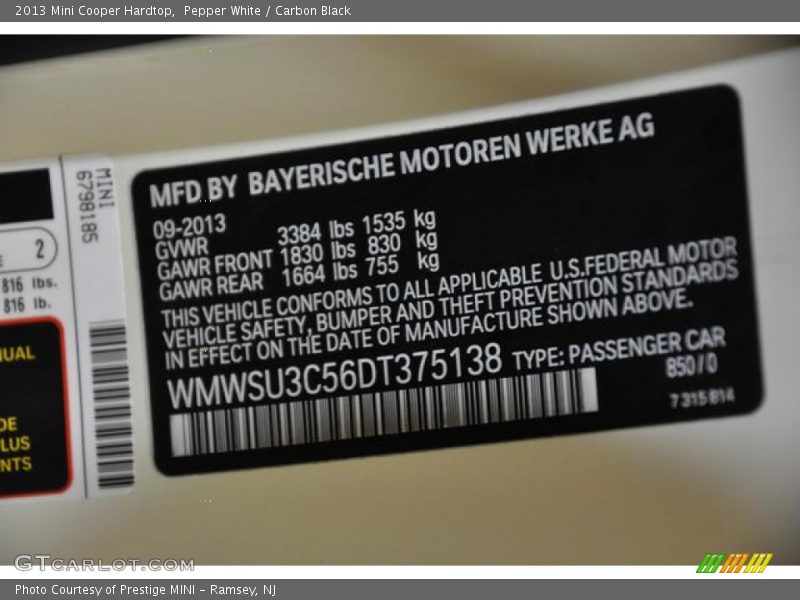 Pepper White / Carbon Black 2013 Mini Cooper Hardtop