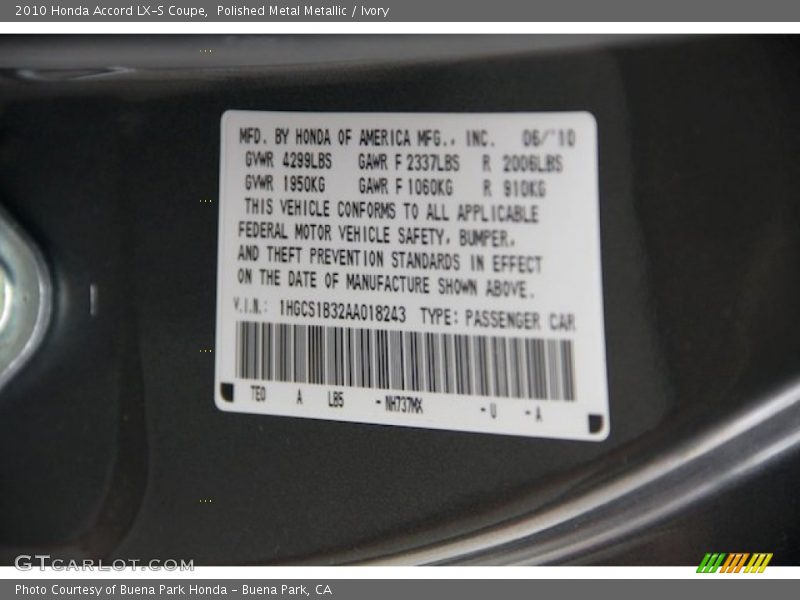 Polished Metal Metallic / Ivory 2010 Honda Accord LX-S Coupe