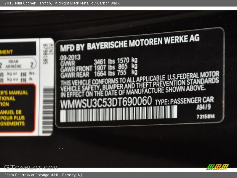 Midnight Black Metallic / Carbon Black 2013 Mini Cooper Hardtop