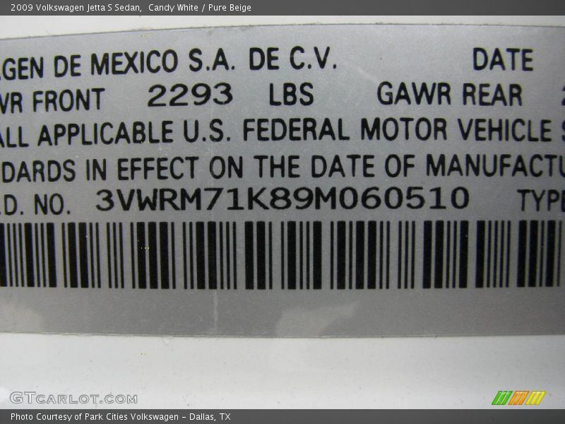 Candy White / Pure Beige 2009 Volkswagen Jetta S Sedan