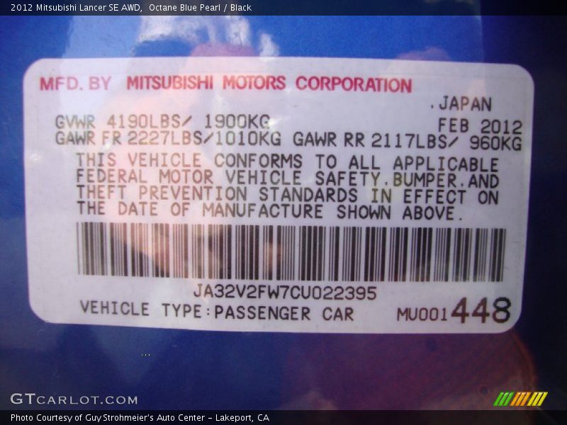 Octane Blue Pearl / Black 2012 Mitsubishi Lancer SE AWD