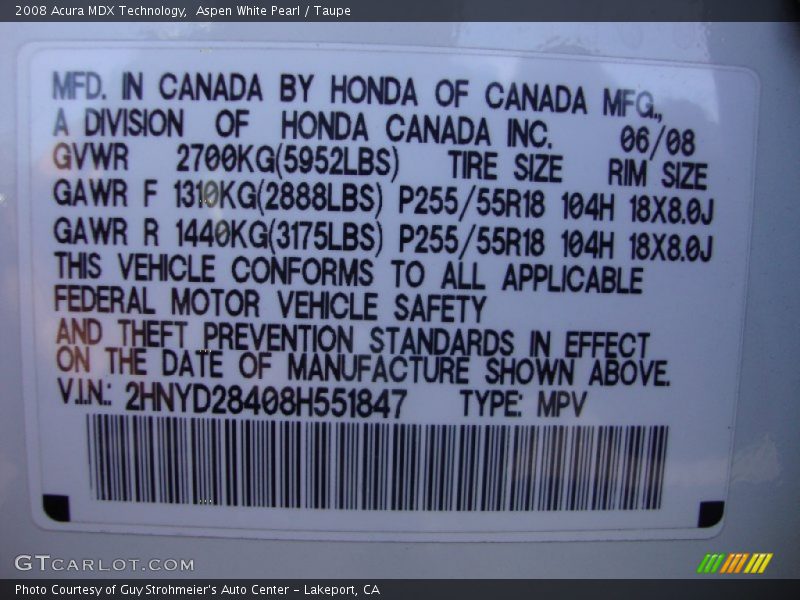 Aspen White Pearl / Taupe 2008 Acura MDX Technology
