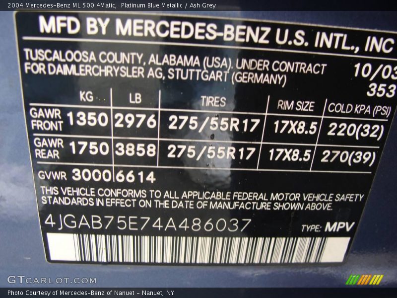 Platinum Blue Metallic / Ash Grey 2004 Mercedes-Benz ML 500 4Matic