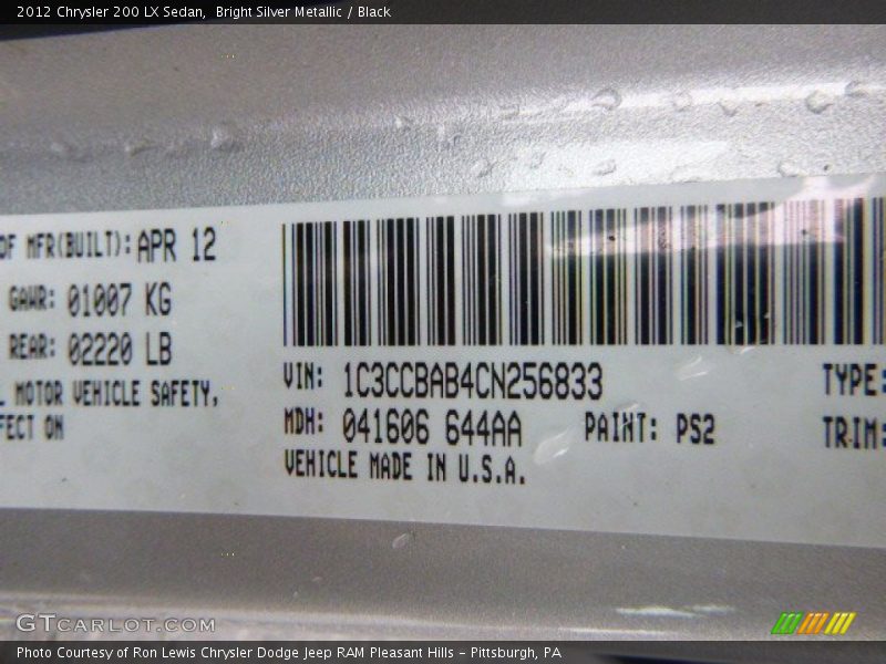 Bright Silver Metallic / Black 2012 Chrysler 200 LX Sedan