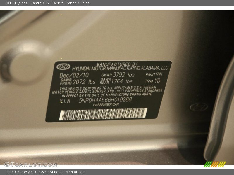 Desert Bronze / Beige 2011 Hyundai Elantra GLS