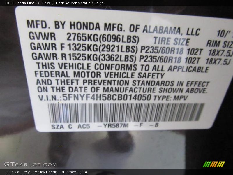Dark Amber Metallic / Beige 2012 Honda Pilot EX-L 4WD