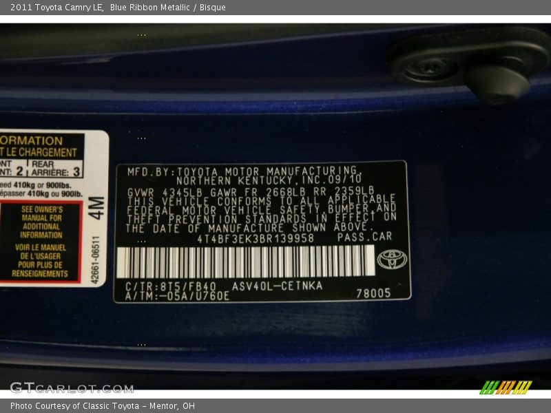 Blue Ribbon Metallic / Bisque 2011 Toyota Camry LE