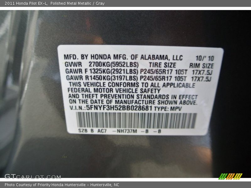 Polished Metal Metallic / Gray 2011 Honda Pilot EX-L