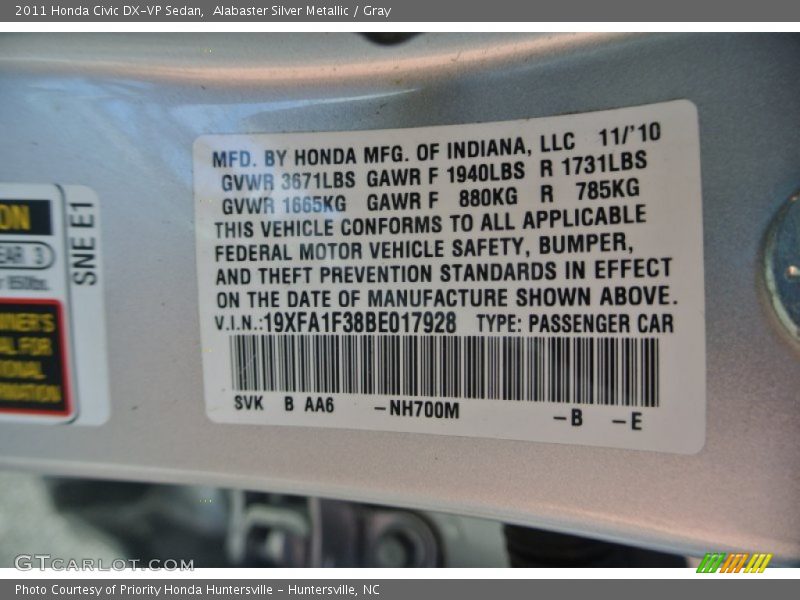 Alabaster Silver Metallic / Gray 2011 Honda Civic DX-VP Sedan