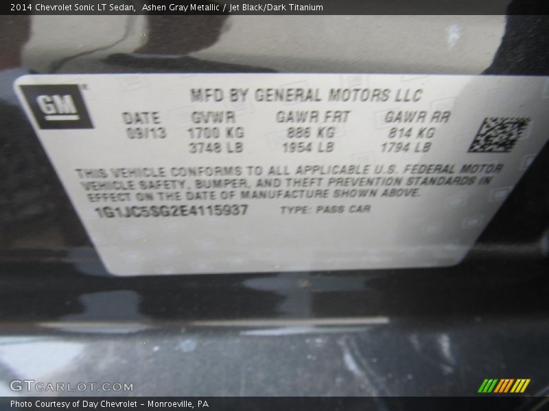 Ashen Gray Metallic / Jet Black/Dark Titanium 2014 Chevrolet Sonic LT Sedan