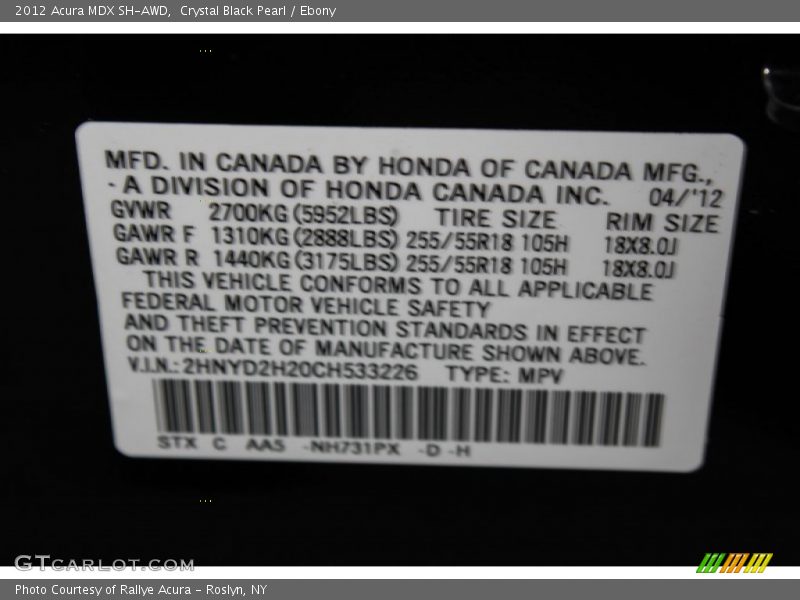 Crystal Black Pearl / Ebony 2012 Acura MDX SH-AWD