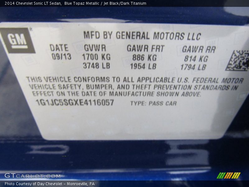 Blue Topaz Metallic / Jet Black/Dark Titanium 2014 Chevrolet Sonic LT Sedan