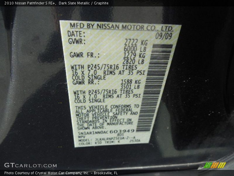 Dark Slate Metallic / Graphite 2010 Nissan Pathfinder S FE+
