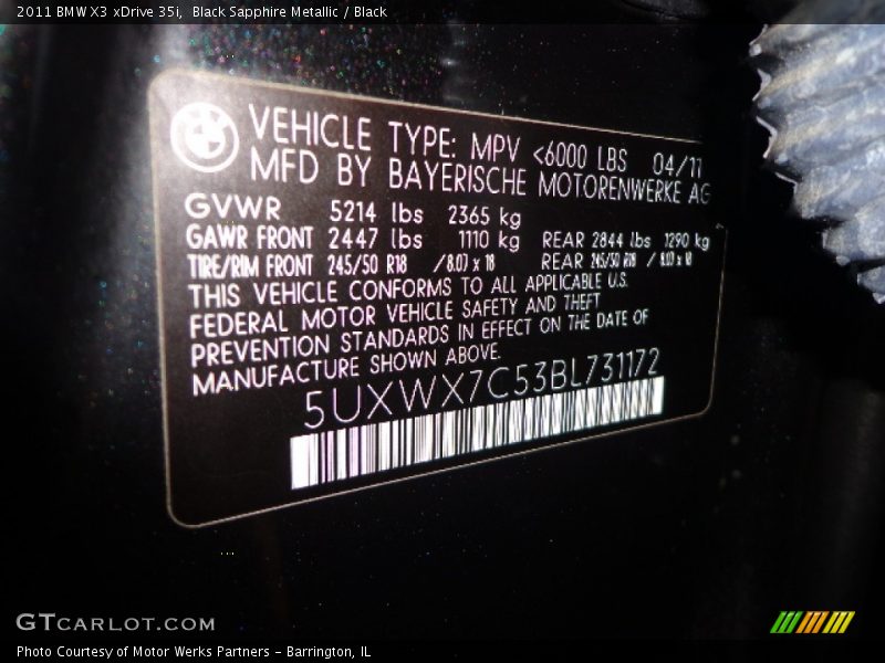 Black Sapphire Metallic / Black 2011 BMW X3 xDrive 35i