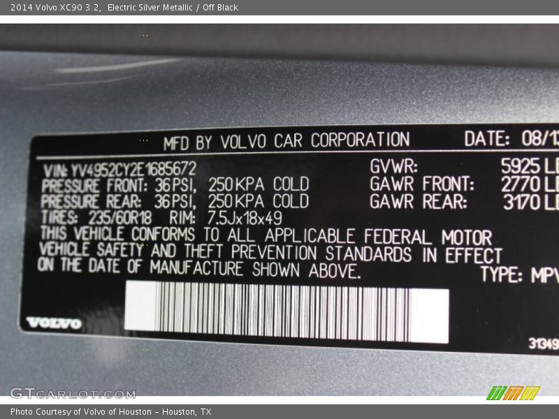 Electric Silver Metallic / Off Black 2014 Volvo XC90 3.2