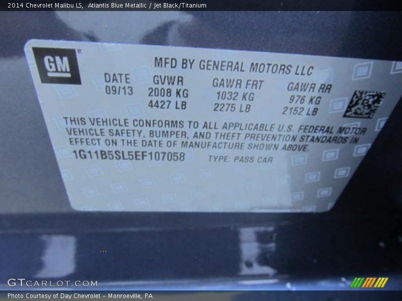 Atlantis Blue Metallic / Jet Black/Titanium 2014 Chevrolet Malibu LS