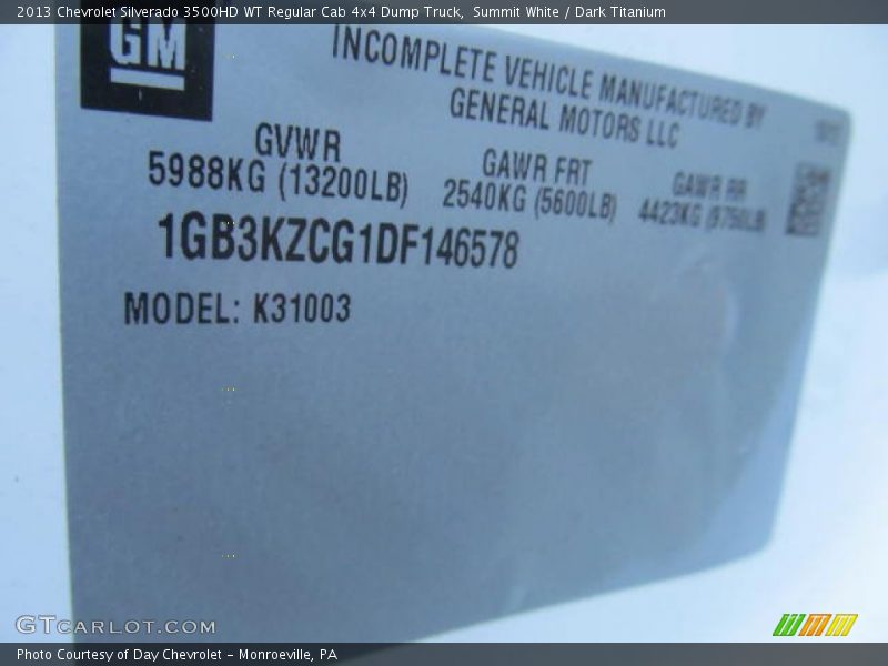 Summit White / Dark Titanium 2013 Chevrolet Silverado 3500HD WT Regular Cab 4x4 Dump Truck