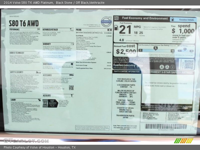  2014 S80 T6 AWD Platinum Window Sticker