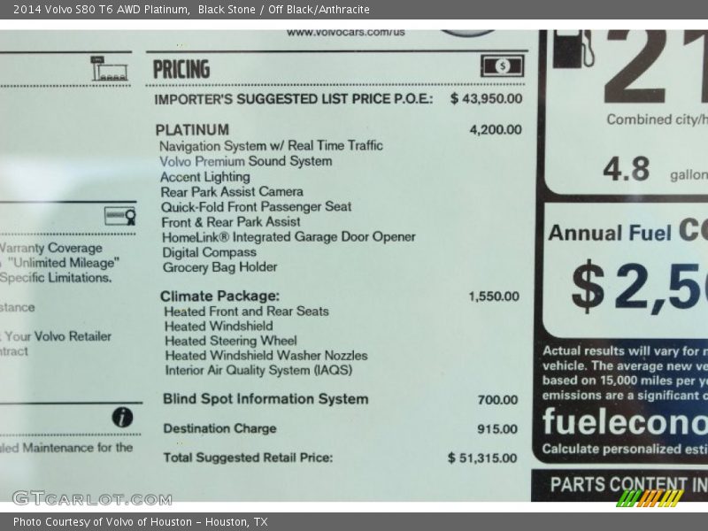  2014 S80 T6 AWD Platinum Window Sticker