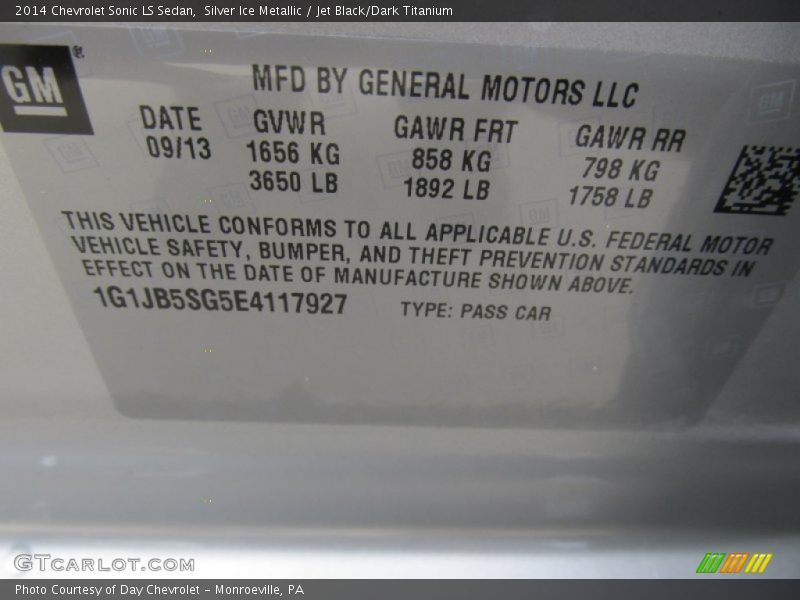Silver Ice Metallic / Jet Black/Dark Titanium 2014 Chevrolet Sonic LS Sedan