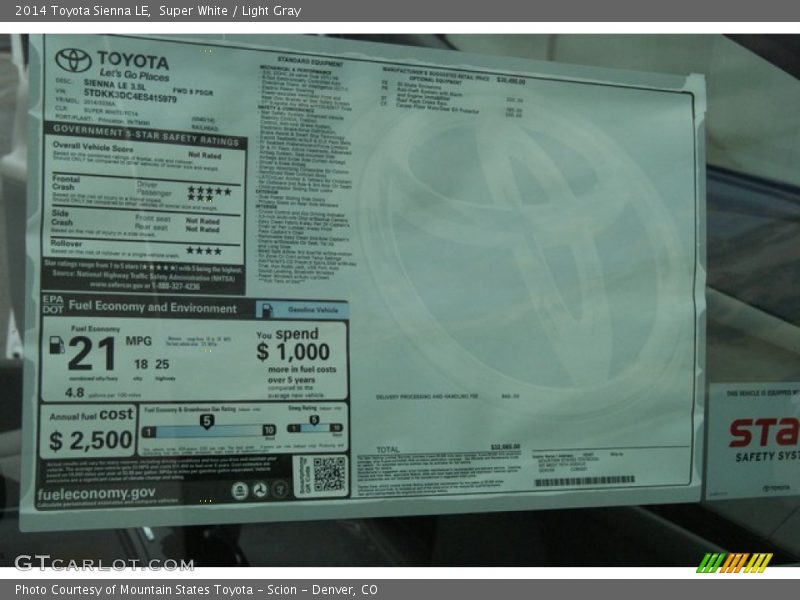 Super White / Light Gray 2014 Toyota Sienna LE