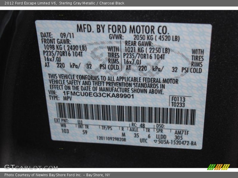 Sterling Gray Metallic / Charcoal Black 2012 Ford Escape Limited V6