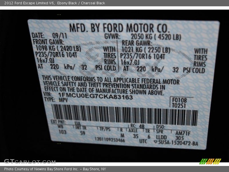 Ebony Black / Charcoal Black 2012 Ford Escape Limited V6