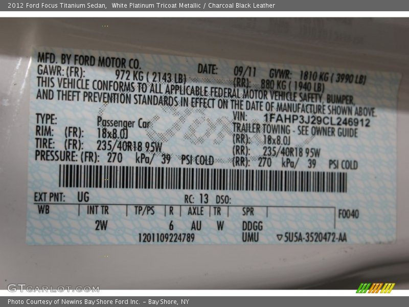 White Platinum Tricoat Metallic / Charcoal Black Leather 2012 Ford Focus Titanium Sedan