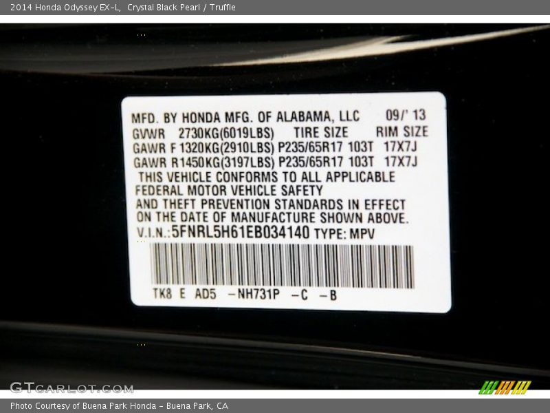Crystal Black Pearl / Truffle 2014 Honda Odyssey EX-L