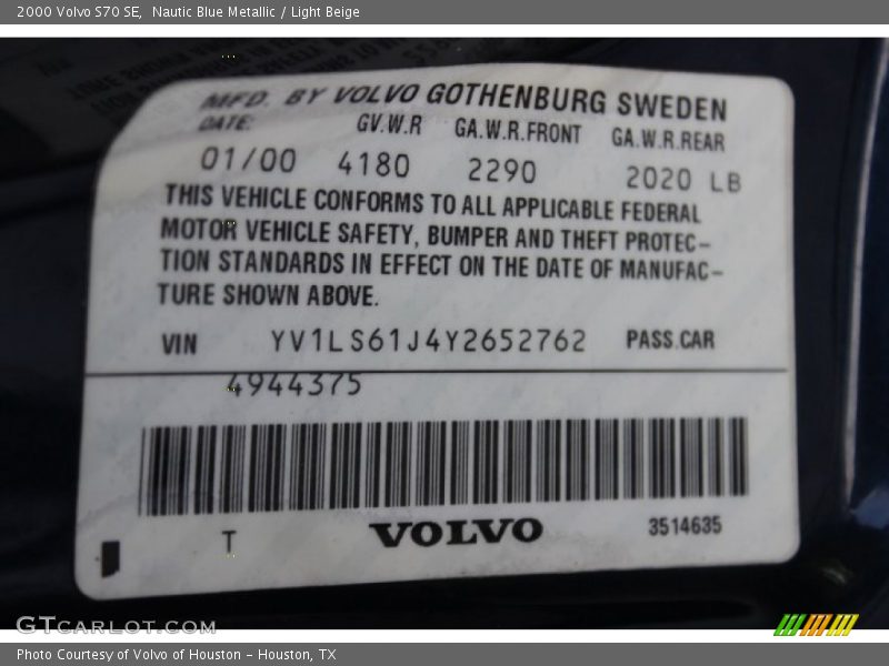 Nautic Blue Metallic / Light Beige 2000 Volvo S70 SE