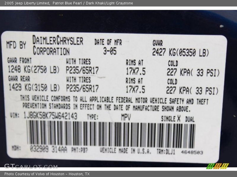 2005 Liberty Limited Patriot Blue Pearl Color Code PB7