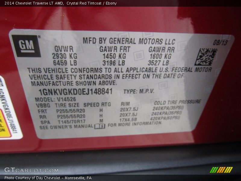 Crystal Red Tintcoat / Ebony 2014 Chevrolet Traverse LT AWD