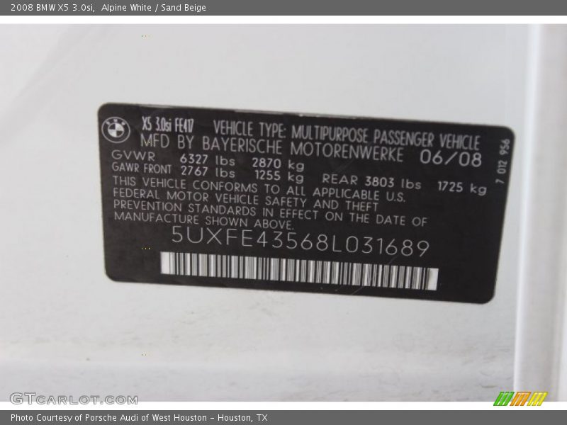 Alpine White / Sand Beige 2008 BMW X5 3.0si