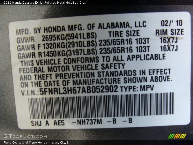 Polished Metal Metallic / Gray 2010 Honda Odyssey EX-L