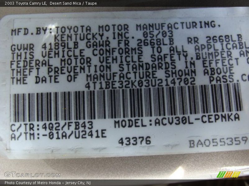 Desert Sand Mica / Taupe 2003 Toyota Camry LE