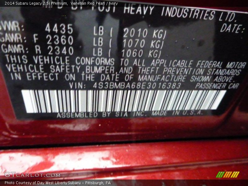 Venetian Red Pearl / Ivory 2014 Subaru Legacy 2.5i Premium
