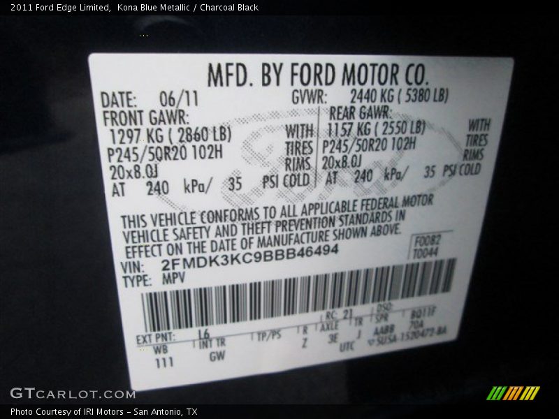 Kona Blue Metallic / Charcoal Black 2011 Ford Edge Limited