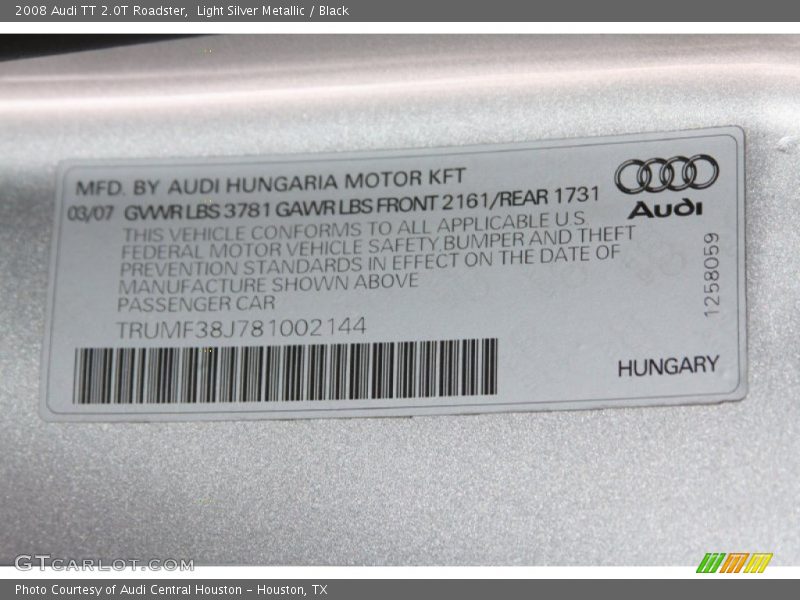 Light Silver Metallic / Black 2008 Audi TT 2.0T Roadster