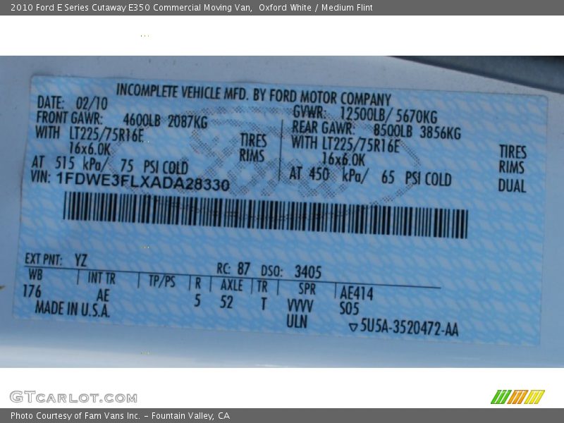 Oxford White / Medium Flint 2010 Ford E Series Cutaway E350 Commercial Moving Van