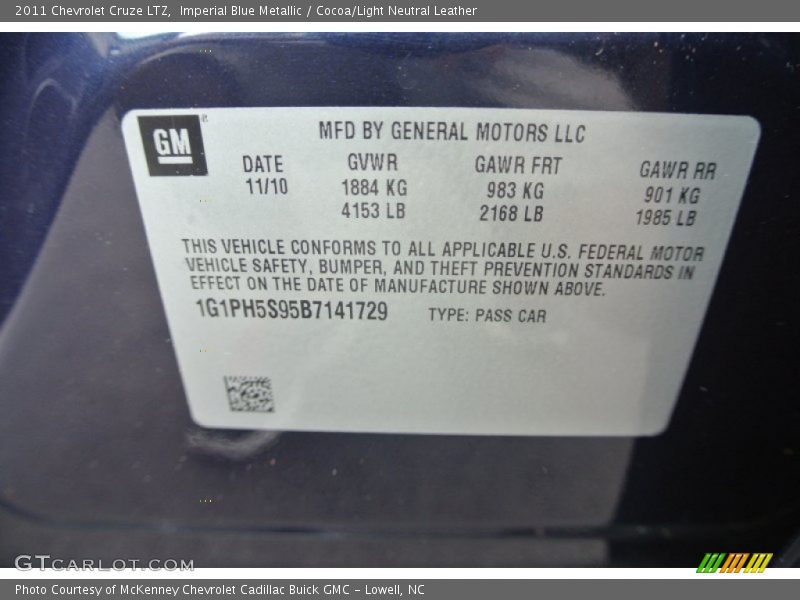 Imperial Blue Metallic / Cocoa/Light Neutral Leather 2011 Chevrolet Cruze LTZ