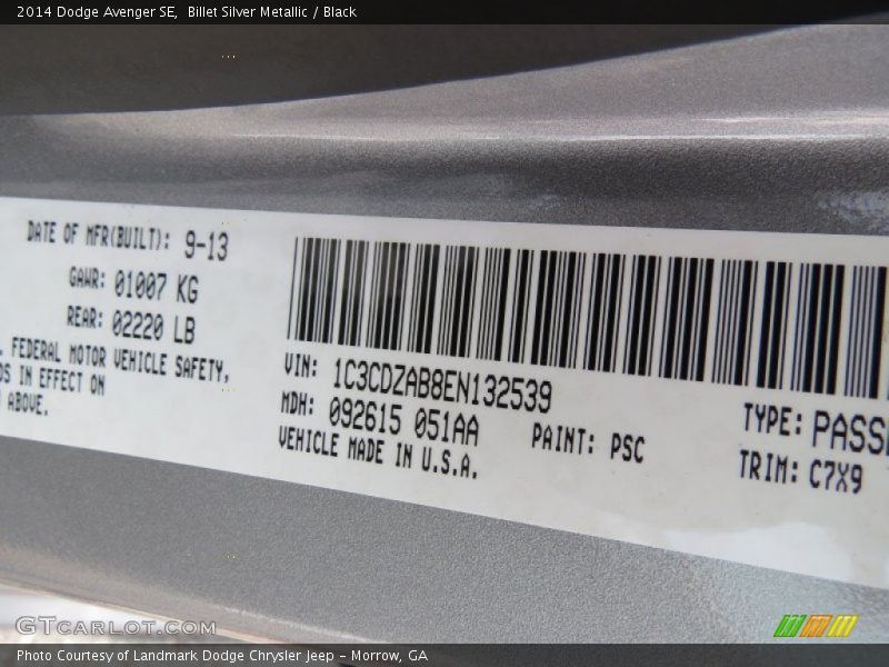 Billet Silver Metallic / Black 2014 Dodge Avenger SE
