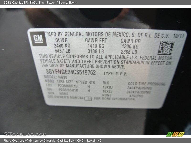 Black Raven / Ebony/Ebony 2012 Cadillac SRX FWD