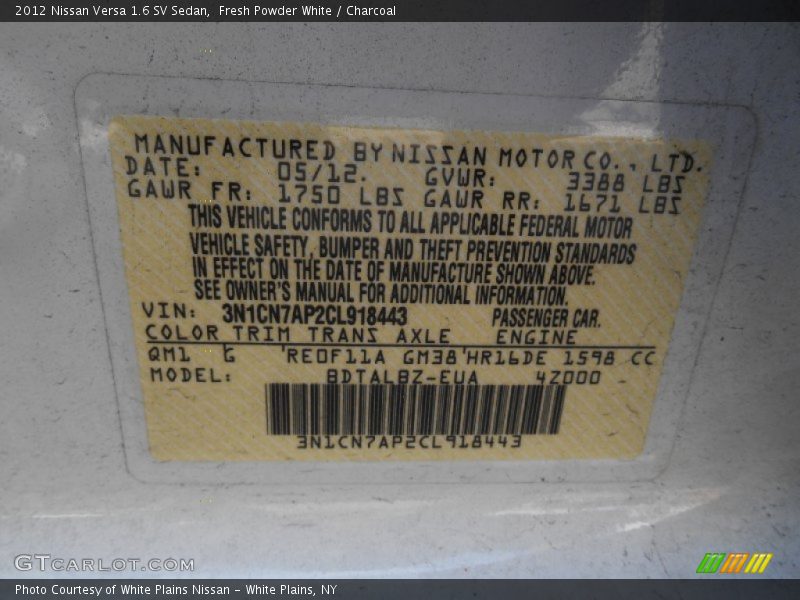 Fresh Powder White / Charcoal 2012 Nissan Versa 1.6 SV Sedan